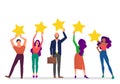 Customer feedback concept art, many people hold yellow rating stars. White background. Flat style stock vector