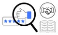 Customer Feedback Concept with Thumbs Up, Handshake, Stars and Open Book in Simple Design Royalty Free Stock Photo