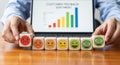 Customer feedback sentiment analysis with emoji blocks and graph on laptop screen concept for business Royalty Free Stock Photo