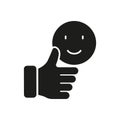 Customer Feedback Silhouette Icon. Positive Emoji Button. Client Review, Best Service Glyph Pictogram. Thumb Up With
