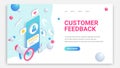 Customer feedback trendy landing. Review isometric 3d web page concept. User icon and product positive comment on smartphone