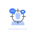Customer focus symbol with a focused person and speech balloons