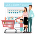 Customer in food store buy dairy products vector illustration. Family customers choosing milk food in supermarket. Royalty Free Stock Photo