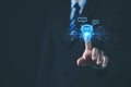 customer hand showing Intelligent digital chatbot chat assistant robot Access internet network information online. technology chat