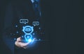 customer hand showing Intelligent digital chatbot chat assistant robot Access internet network information online. technology chat
