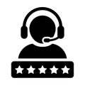 Customer helpline icon vector male support service person profile avatar with a headphone and a star rating for online assistant