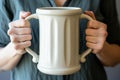 customer holding a comically large mug, both hands needed