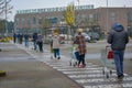 Customer line in front of shopping mall, grocery store gives restrictions of social distancing in pandemic