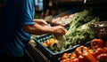 Customer at the market selects a variety of fresh vegetables, shopping locally