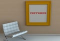 CUSTOMER, message on picture frame, chair in an empty room