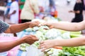 Customer paying bill by cash at market Royalty Free Stock Photo