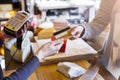 Customer paying for order of cheese in grocery shop. Royalty Free Stock Photo