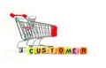Customer push cart on white with cube alphabets Royalty Free Stock Photo