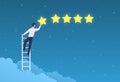 Customer rating. Businessman stands on ladder and gives five stars ranking. Quality product feedback, evaluation system