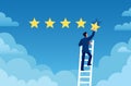 Customer rating. Businessman stands on ladder and gives 5 star, customer feedback. Positive review evaluation system