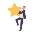 Customer rating. businessman in suit hold gold star. Cartoon flat people. Client satisfaction and quality ranking