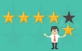 Customer rating, feedback, star rating, quality work. Businessman holding a gold star in hand, to give five