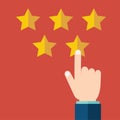 Customer rating, feedback, star rating, quality work. Businessman pointing at a gold star, to give five. Evaluation system