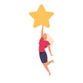 Customer rating. Happy jumping woman with star. Clients satisfaction. Evaluating service. Girl with yellow icon. Cartoon