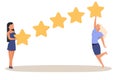 Customer rating. People with stars. Clients satisfaction. Excellent quality. Consumer opinion survey. Service evaluation