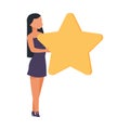 Customer rating. Standing girl hold gold star. Review and feedback, clients satisfaction and quality ranking, people