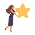 Customer rating. Woman hold star icon. Clients satisfaction. Evaluating service, supporting product. Quality ranking