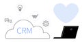CRM Cloud Computing with Communication, Marketing, and Productivity Icons and Laptop Illustration Royalty Free Stock Photo