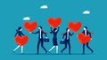 Customer relationship management. A group of businessmen hold hearts