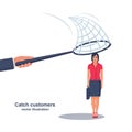 Customer retention concept. Businessman holding a client in hand cover net.