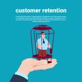 Customer retention manager hand holding a client in locked cage over blue background flat