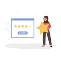 Customer review concept. Arab woman holding star and giving five stars rating. Dialog window in application with