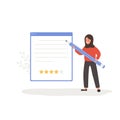 Customer review concept. Arabian woman holding huge pen and leaving comment with four stars rating. Girl standing near