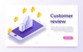 Customer review concept. Feedback, reputation and quality concept. Hand pointing, finger pointing to five star rating.