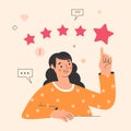 Customer review concept illustration, woman giving five stars feedback