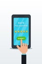 Customer review concept. 5 star rating isolated on smartphone screen with hand finger click on submit button.