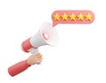 Customer review 3d render - five stars on speech bubble comes out of loudspeaker held by hand.