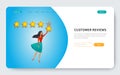 Customer review, online feedback, young woman with five stars positive review, rating system Banner, ad, landing web page template Royalty Free Stock Photo