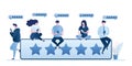 Customer review rating concept. Five star rank and tiny people clients give review and feedback with smartphone