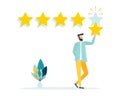 Customer review rating. Positive online feedback, product or service evaluation. Young man giving five star rating. Flat vector