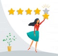 Customer review rating. Positive online feedback, product or service evaluation. Young woman giving five star rating. Flat vector Royalty Free Stock Photo