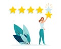 Customer review rating. Positive online feedback, product or service evaluation. Young woman giving five star rating. Flat vector Royalty Free Stock Photo