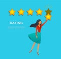 Customer review rating. Young woman with stars, rating system. Positive review. Online feedback, support quality, reputation