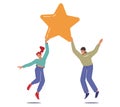 Customer Review, Recommendation, User Rating Star. Man and Woman Hold Huge Yellow Star to Rate Service or Goods