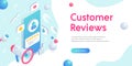 Customer review trendy fluid banner. Feedback isometric 3d concept. User icon and product positive comment on smartphone screen