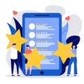Customer reviews concept illustration. People holding rating stars. People leave feedback, comments, satisfaction level and