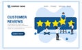 Customer reviews concept with people giving five stars rating, positive feedback, satisfaction and evaluation for product or