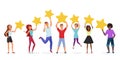 Customer reviews flat vector banner template. Happy users holding golden stars cartoon characters. Customers evaluating