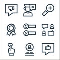 customer reviews line icons. linear set. quality vector line set such as thumbs up, customer, hand, comments, sliders, medal,