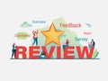 Customer`s giving five star rating. User feedback review scroll. Flat vector illustration modern character design.