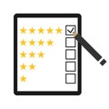Customer satisfaction. Clipboard with rating stars, hand holding pen, green check mark on five stars checkbox. Customer loyalty, Royalty Free Stock Photo